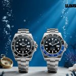 مقایسه رولکس سابمارینر (Submariner) و رولکس جی ام تی مستر (GMT-Master II). نمایش تفاوت قاب غواصی یک‌طرفه و قاب ۲۴ ساعته دو رنگ برای مسافرت‌های بین‌المللی.
