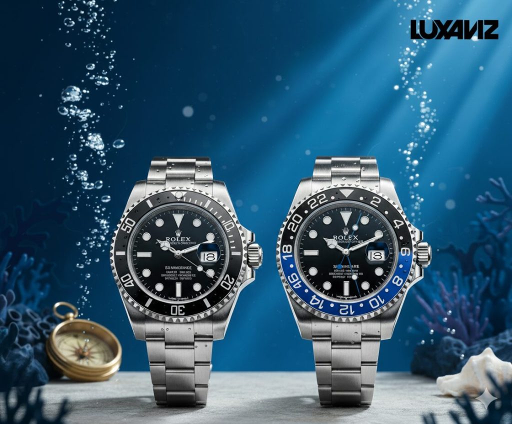 دو ساعت رولکس استیل با صفحه مشکی، یکی مدل سابمارینر (Submariner) در سمت چپ و دیگری مدل جی‌ام‌تی مستر ۲ (GMT-Master II) با قاب دو رنگ آبی و مشکی (Batman) در سمت راست، در زیر آب با پس‌زمینه مرجان‌ها و حباب‌های هوا قرار گرفته‌اند