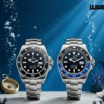 دو ساعت رولکس استیل با صفحه مشکی، یکی مدل سابمارینر (Submariner) در سمت چپ و دیگری مدل جی‌ام‌تی مستر ۲ (GMT-Master II) با قاب دو رنگ آبی و مشکی (Batman) در سمت راست، در زیر آب با پس‌زمینه مرجان‌ها و حباب‌های هوا قرار گرفته‌اند